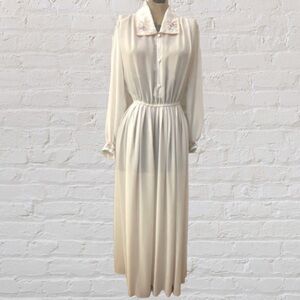 VINTAGE Off White Cream Sheer Floral Embroidered Long Sleeve Collared Maxi Dress